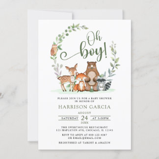 Greenery Oh Boy Woodland Animals Baby Shower Inbjudningar