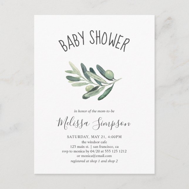 Greenery Olive Baby Shower Inbjudan Vykort (Framsida)