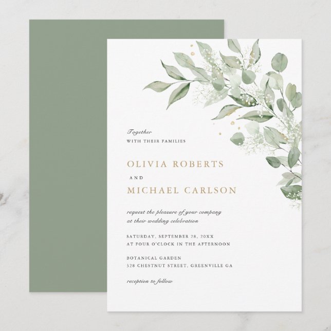 Greenery Olive Lämna Gren Babyns utandning Bröllop Inbjudningar (Fram/baksida)
