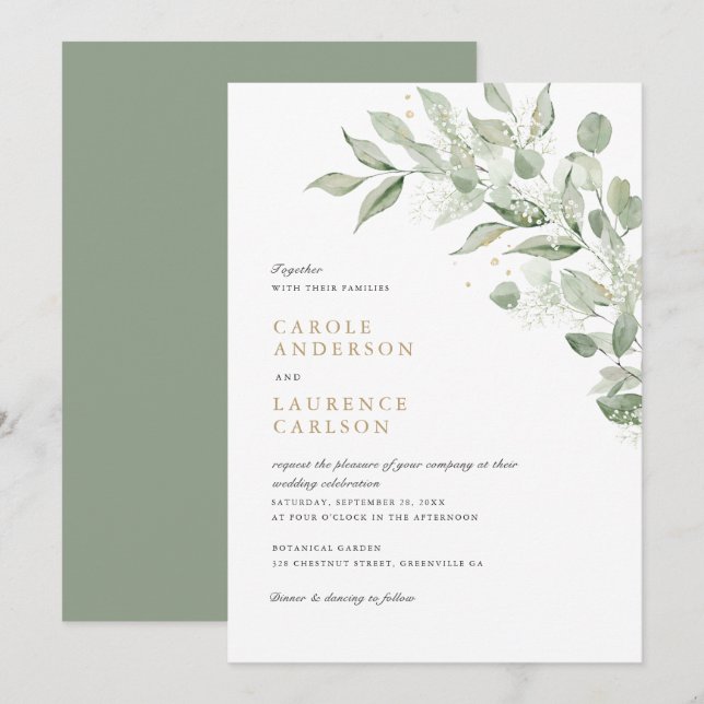 Greenery Olive Lämna Gren Babyns utandning Bröllop Inbjudningar (Fram/baksida)