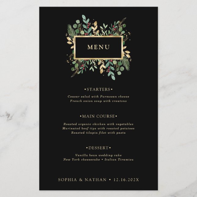 Greenery on Black | Christmas Wedding Menu Flygblad (Framsidan)