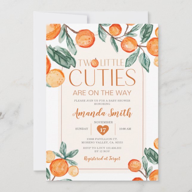 Greenery Orange Två små cutier är på väg Inbjudningar (Framsida)