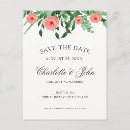 Greenery Peach Flowers Bröllop spara datum Meddelande Vykort