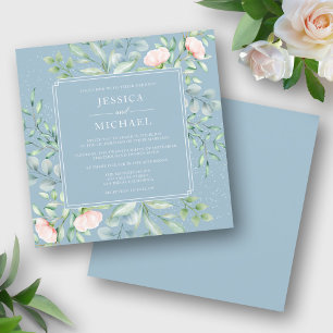 Greenery Peach Ro Dusty Blue Square Bröllop Inbjudningar