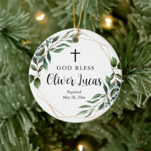 Greenery Personlig Photo Baptism Ornament