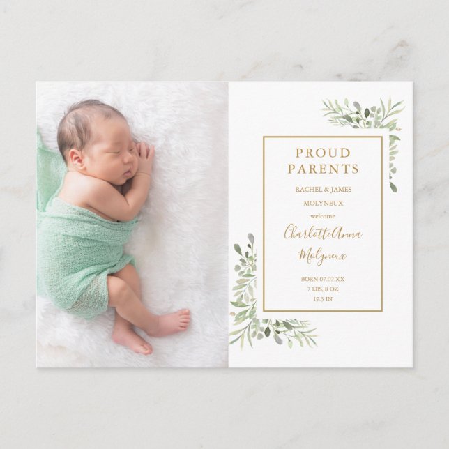  Greenery Photo Baby Birth Notification Tack  Vykort (Framsida)
