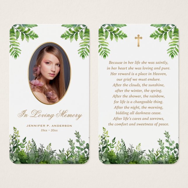 Greenery Photo Funeral Memorial Prayer-kort Visitkort (Framsida & baksida)