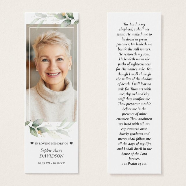 Greenery Photo Memorial Funeral Dikt Bookmark Litet Visitkort (Framsida & baksida)