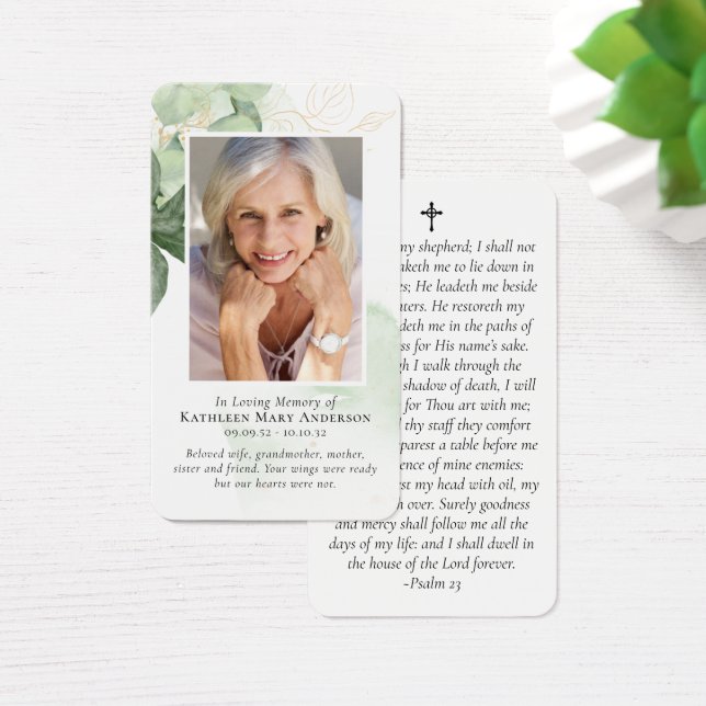Greenery Photo Memorial Prayer Card Visitkort (Skivbord)