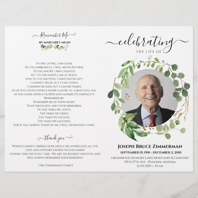 Greenery Photo Memorial Service - begravningsprogr (Framsida)