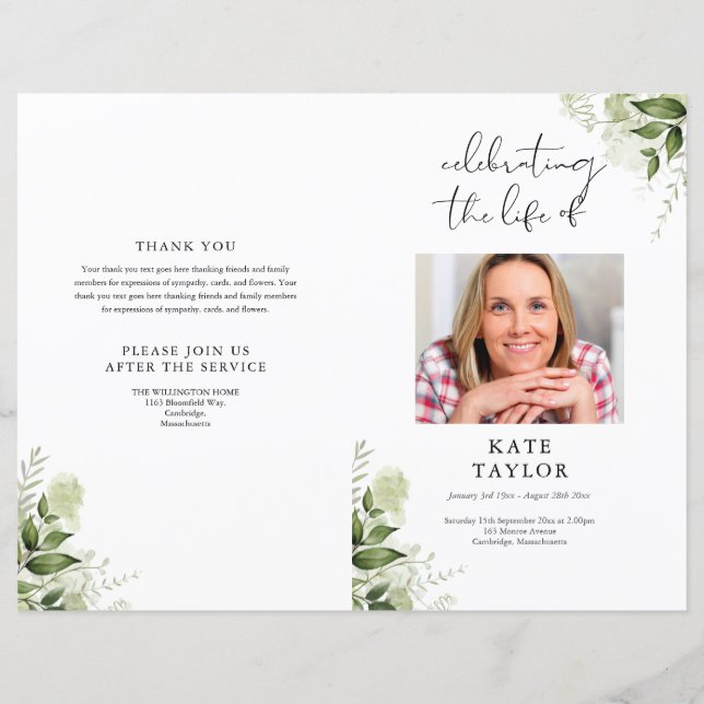 Greenery Photo Order of Service Funeral Program (Framsida)