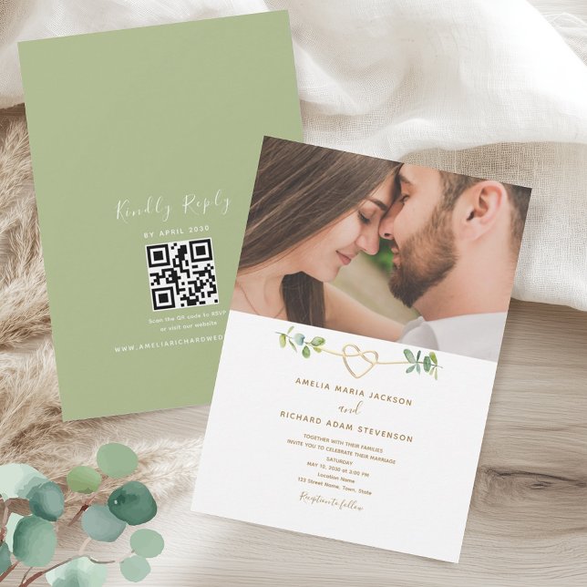 Greenery Photo QR Code Wedding Inbjudningar (Skapare uppladdad)