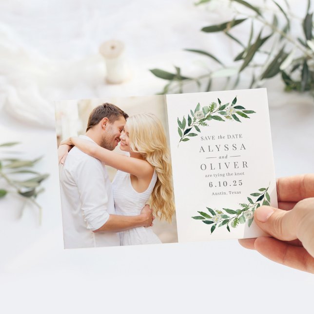 Greenery Photo Save Date Card Tack Kort (Skapare uppladdad)
