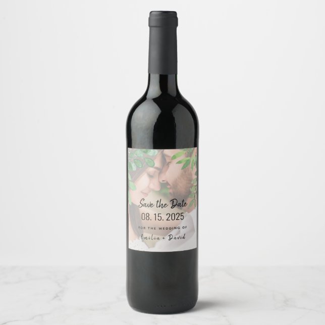 Greenery Photo WedSave Save Date Wine Label Vinflaska Etikett (Framsida)
