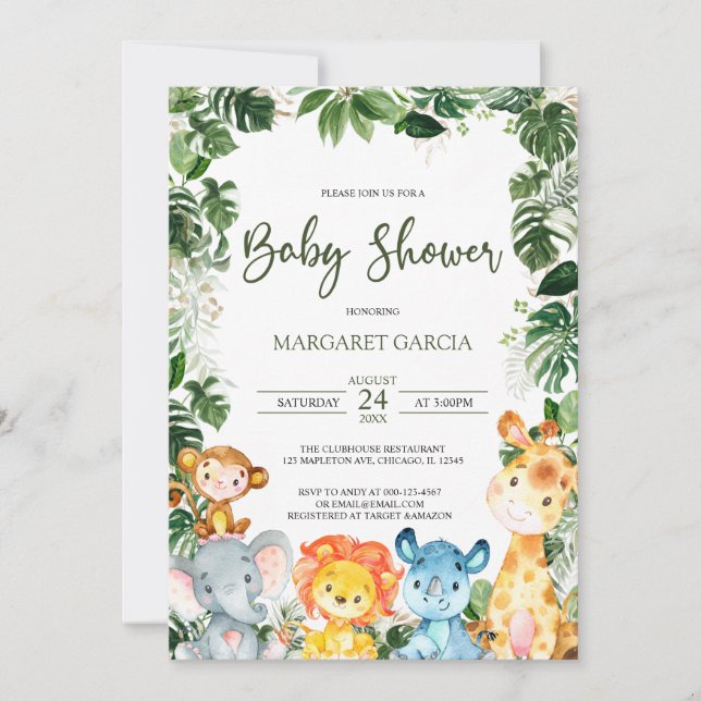 Greenery Pojke Safari Animals Baby Shower Inbjudningar (Framsida)