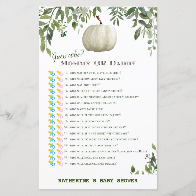 Greenery Pumpa Baby Shower-spel UTRYCKT (Framsida)