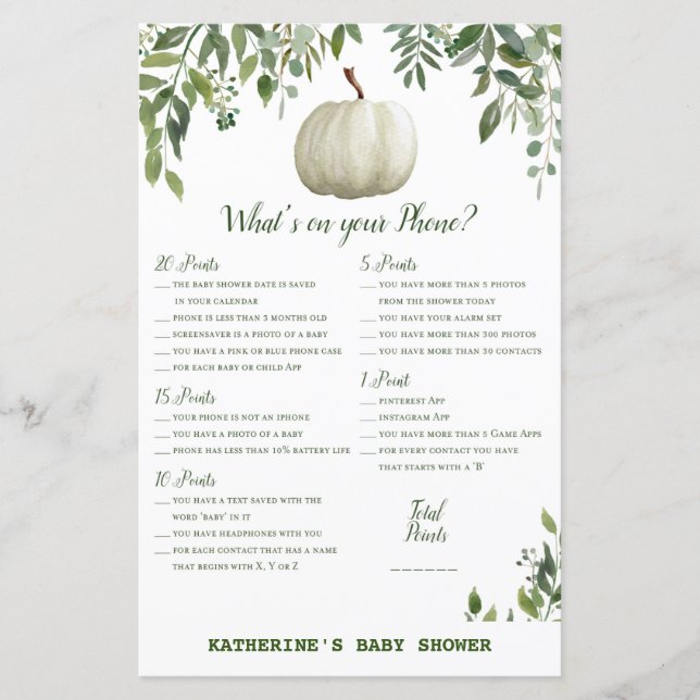 Greenery Pumpkin Baby Shower Game PRINTED (Framsida)