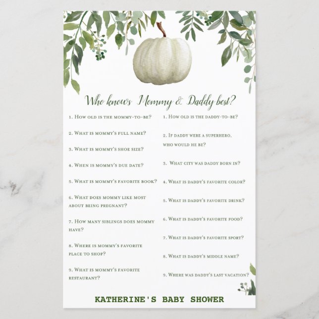 Greenery Pumpkin Baby Shower Game PRINTED (Framsida)