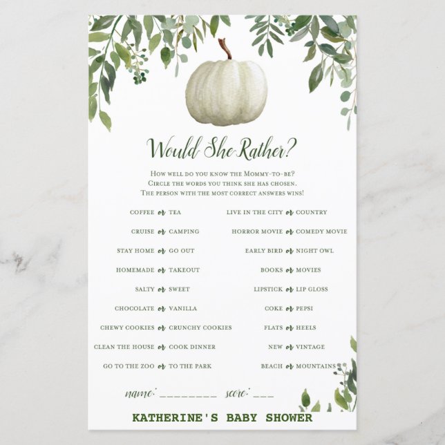 Greenery Pumpkin Baby Shower Game PRINTED (Framsida)