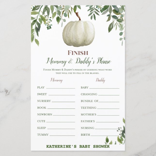 Greenery Pumpkin Baby Shower-spel UTRYCKT (Framsida)