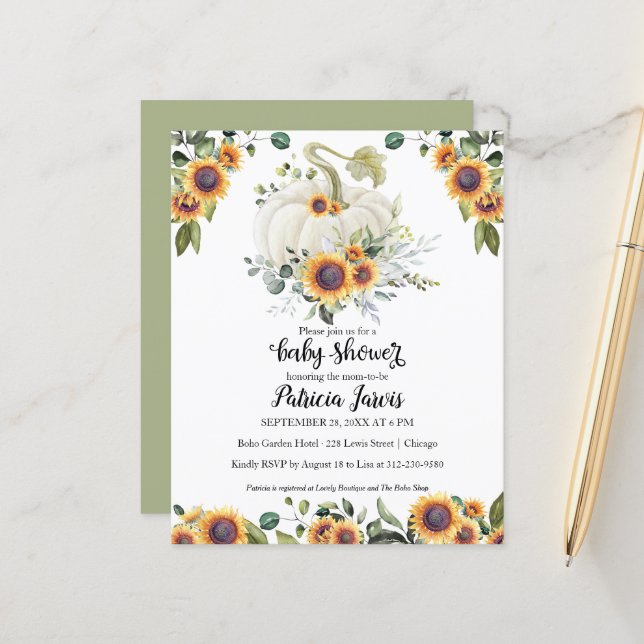 Greenery Pumpkin Budget Baby Shower-inbjudan (Fram/Back In Situ)