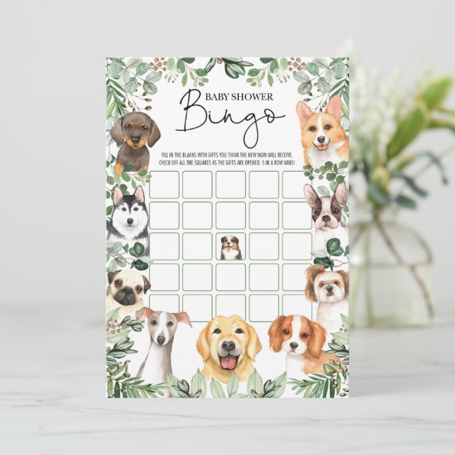 Greenery Puppy Hund Bingo Baby Shower Game Card Inbjudningar (Stående Fram)