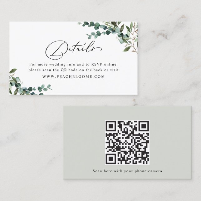 Greenery QR Code Wedding Details Enclosure Card Visitkort (Fram/baksida)