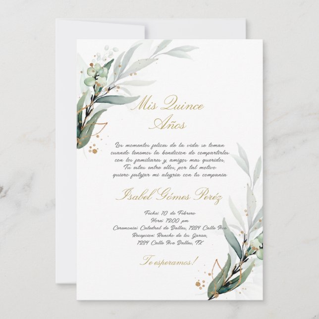 Greenery Quinceanera inbjudningar på spanska (Framsida)