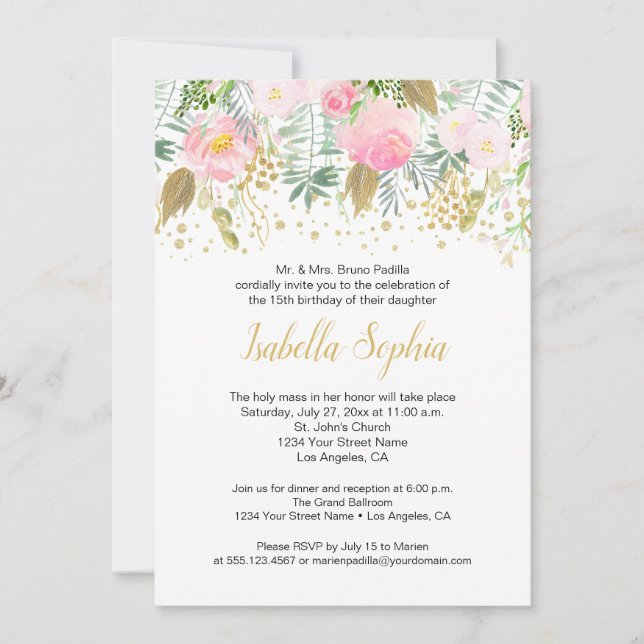 Greenery Quinceanera ( Rosa ros Guld Glitter) Inbjudningar (Framsida)