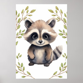 Greenery Raccoon Woodland Animals Nursery Poster