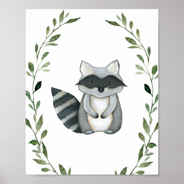 Greenery Raccoon Woodland Animals Nursery Wall Art Poster (Framsidan)