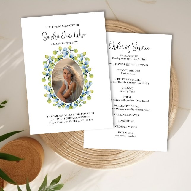 Greenery Ram, fotopatets funktionsorder för servic Inbjudningar (Funeral Order of Service Program with photo framed with greenery by Darling & May)