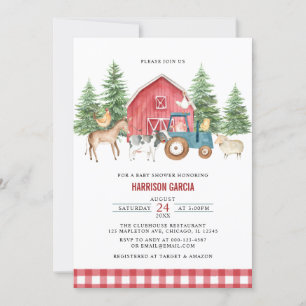 Greenery Red Barnyard Boskap Baby Shower Inbjudningar