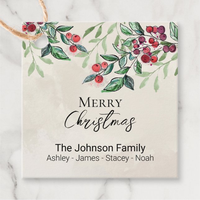Greenery Red Berries Helgdag Gift Märkres Gåvor Etiketter (Framsida)