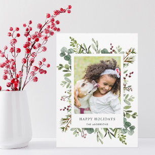 Greenery Red Berries Helgdag Photo Card Julkort