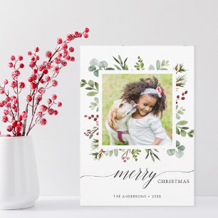 Greenery Red Berries Helgdag Photo Card Julkort