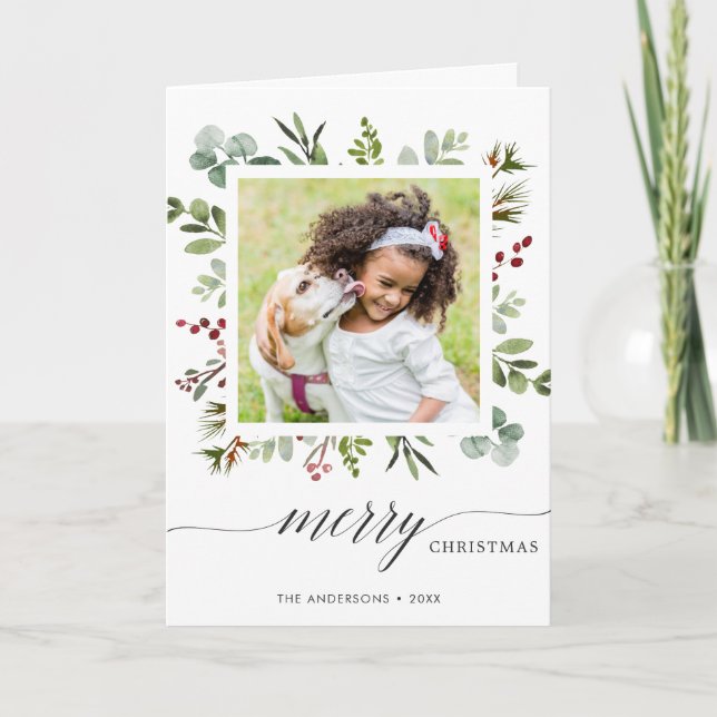 Greenery Red Berries Helgdag Photo Foled Card Helgkort (Framsida)