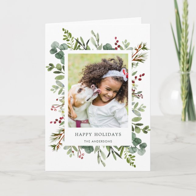 Greenery Red Berries Helgdag Photo Foled Card Helgkort (Framsida)