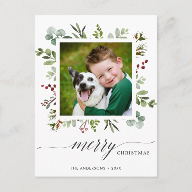 Greenery Red Berries Helgdag Photo Postcard Helg Vykort (Framsida)