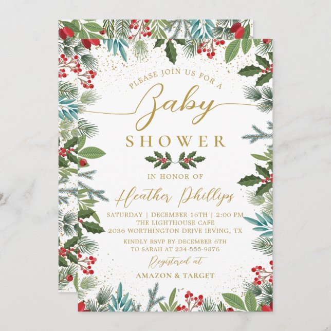 Greenery Red Holly Berries, julstödsprogram Inbjudningar (Fram/baksida)