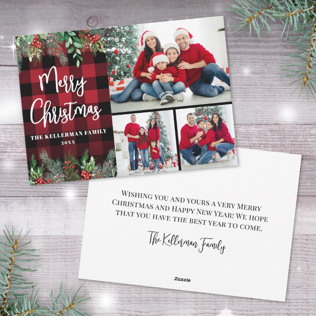 Greenery Red Play Photo God jul Julkort (Greenery Red Plaid Photo Merry Christmas Holiday Card)