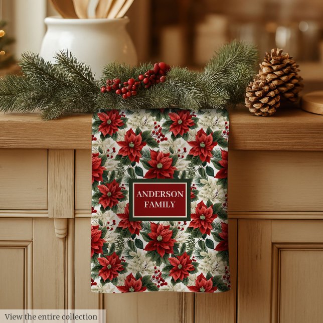 Greenery & Red Poinsettia Towel Elegant Holiday Kökshandduk (Greenery & Red Poinsettia Towel Elegant Holiday)