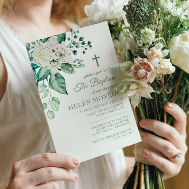 Greenery Ro Flowers Baptism Inbjudningar (Skapare uppladdad)