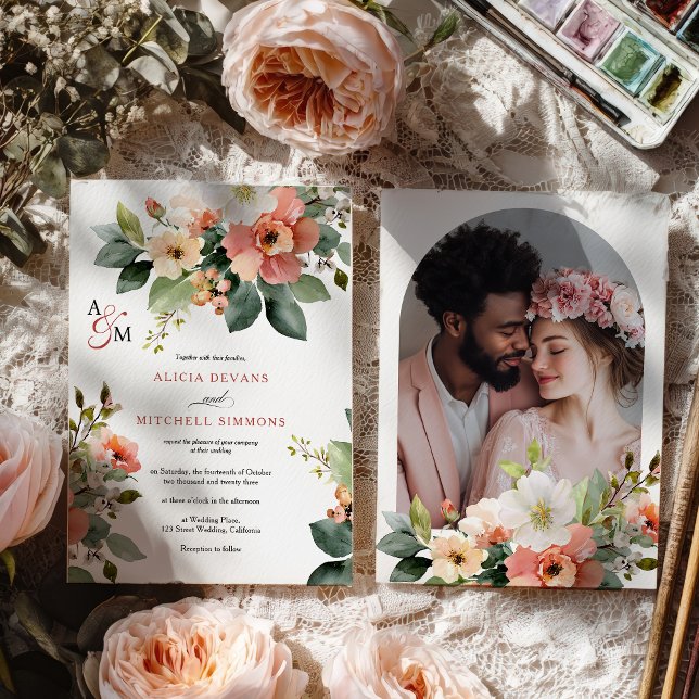 Greenery Romantic Blommigt Watercolor Photo Bröllo Inbjudningar (Greenery Romantic Floral Watercolor Photo Wedding Invitation)