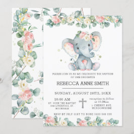 Greenery Rosa Blommigt Elephant Baptism Christenin Inbjudningar