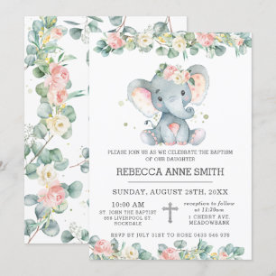 Greenery Rosa Blommigt Elephant Baptism Christenin Inbjudningar