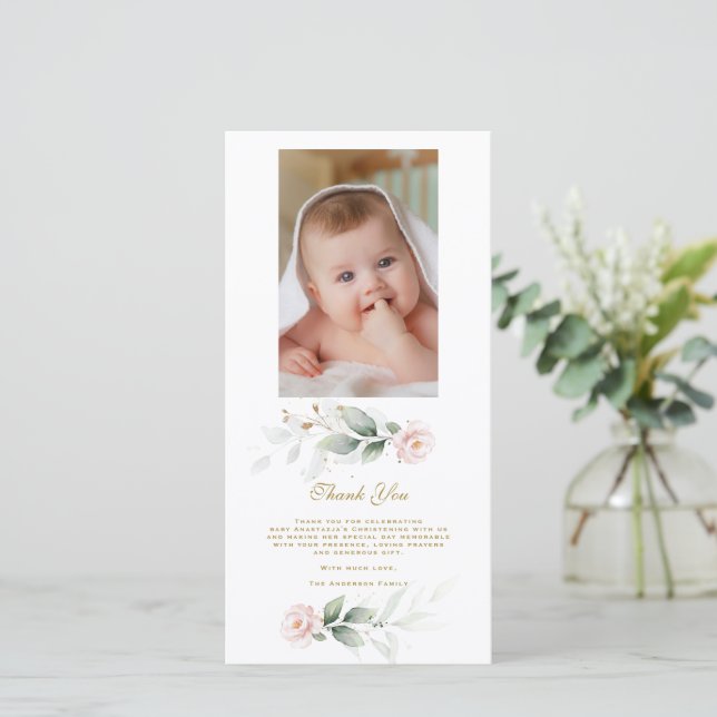 Greenery Rosa Blommigt Guld Photo Christening Tack Kort (Stående Fram)