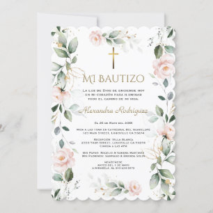 Greenery Rosa Blommigt Spain Mi Bautizo Baptism Inbjudningar