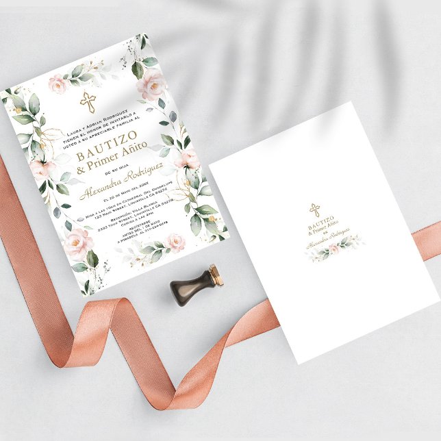 Greenery Rosa Blommigt Spanska födelsedag Baptism Inbjudningar (baptism and 1st birthday Spanish, bautizo and primer anito invitation, pink floral baptism birthday )