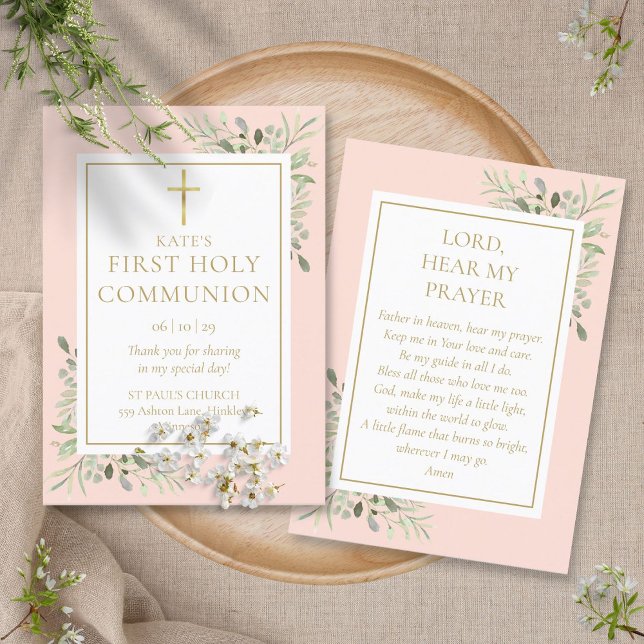 Greenery Rosa First Heliga Communion Prayer Card (Skapare uppladdad)